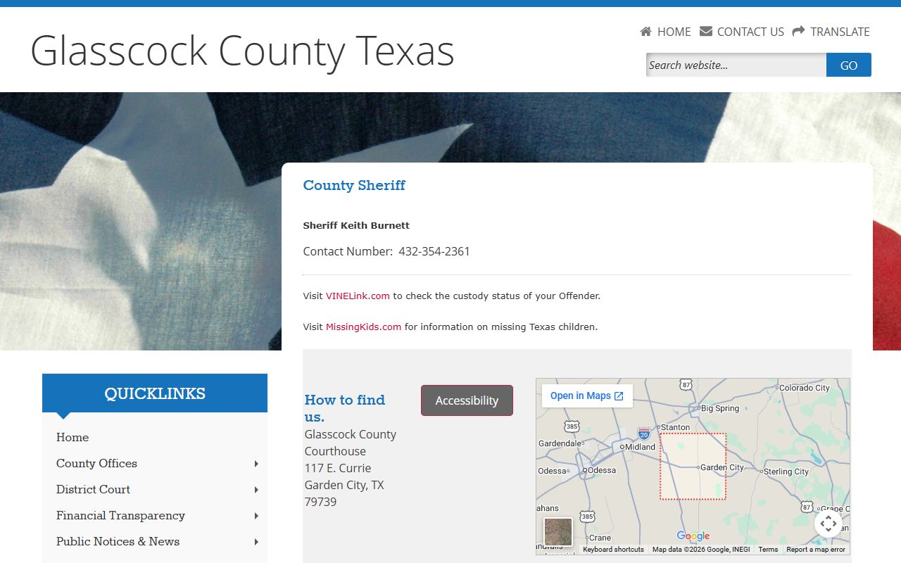 Glasscock County Sheriff page with Sheriff Keith Burnett and custody status link