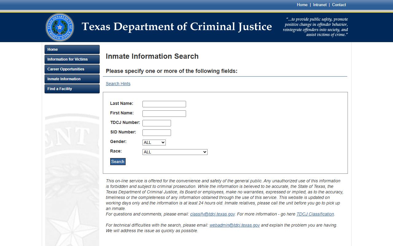 TDCJ inmate search form for sentenced state prisoners