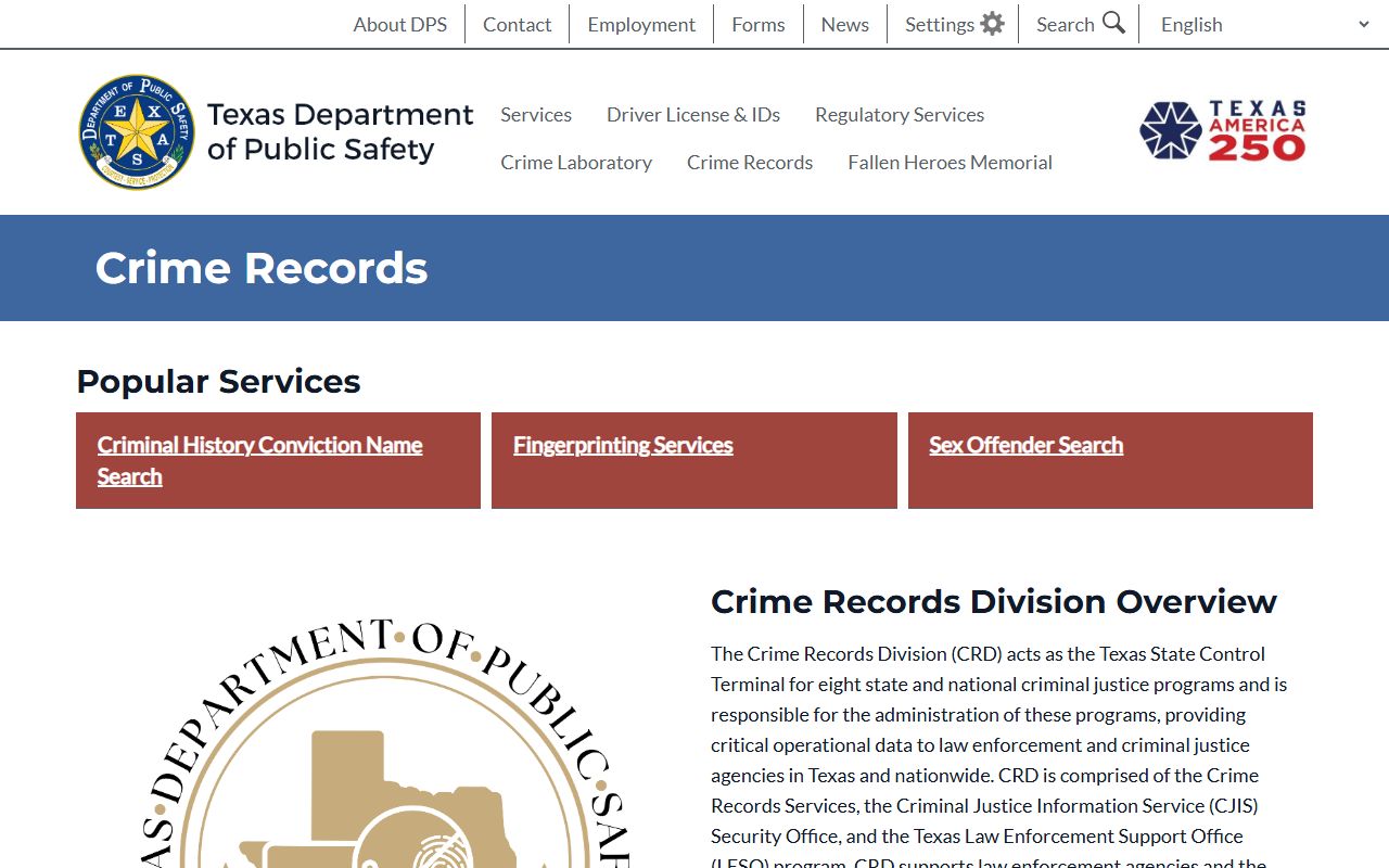 Texas DPS Crime Records page for criminal history services